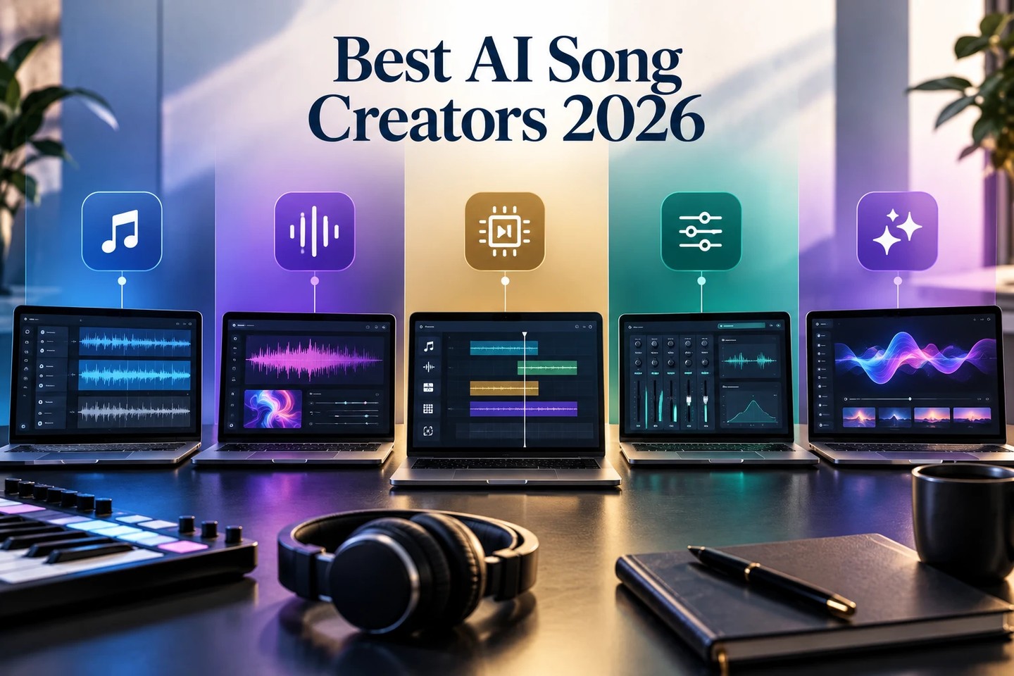 Five laptops side by side, each running a different AI music tool.