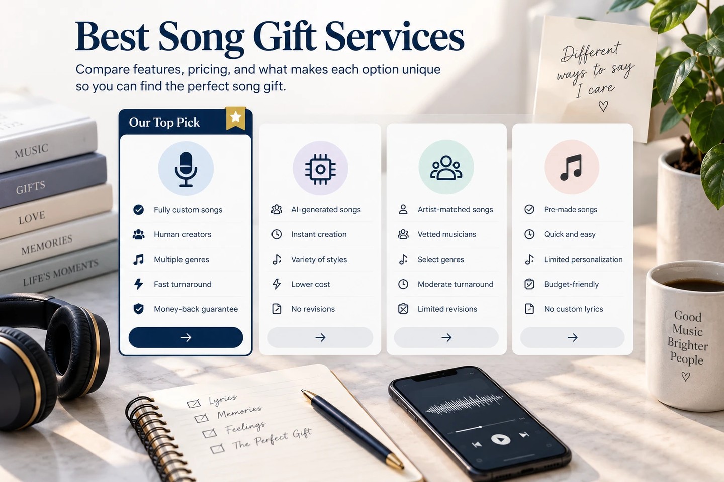 A comparison of four kinds of song gift service, from fully custom songs written by people through to pre-made songs, with the fully custom option marked as the top pick.