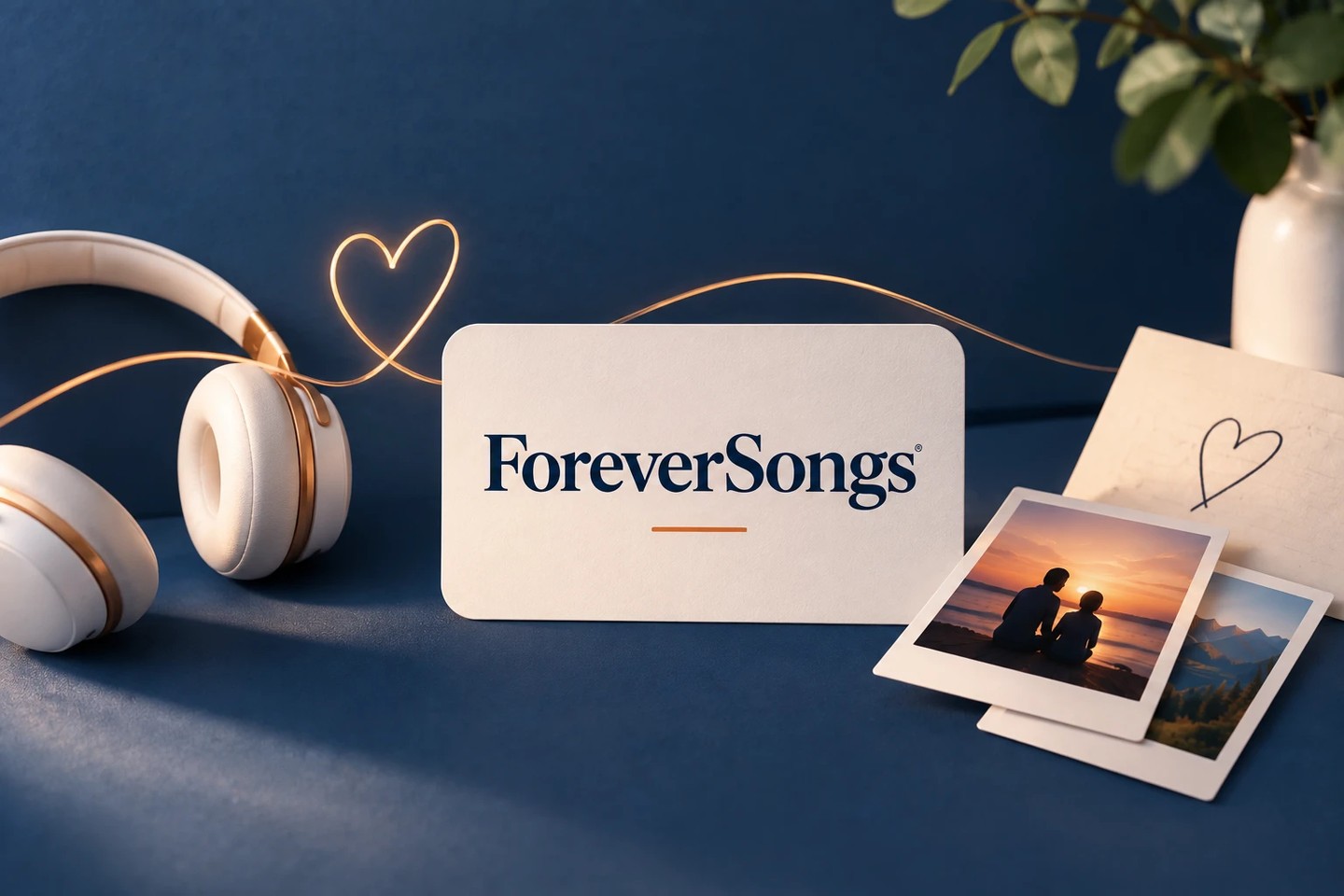 A ForeverSongs card on a deep blue surface, beside headphones, polaroid photos and a handwritten heart.