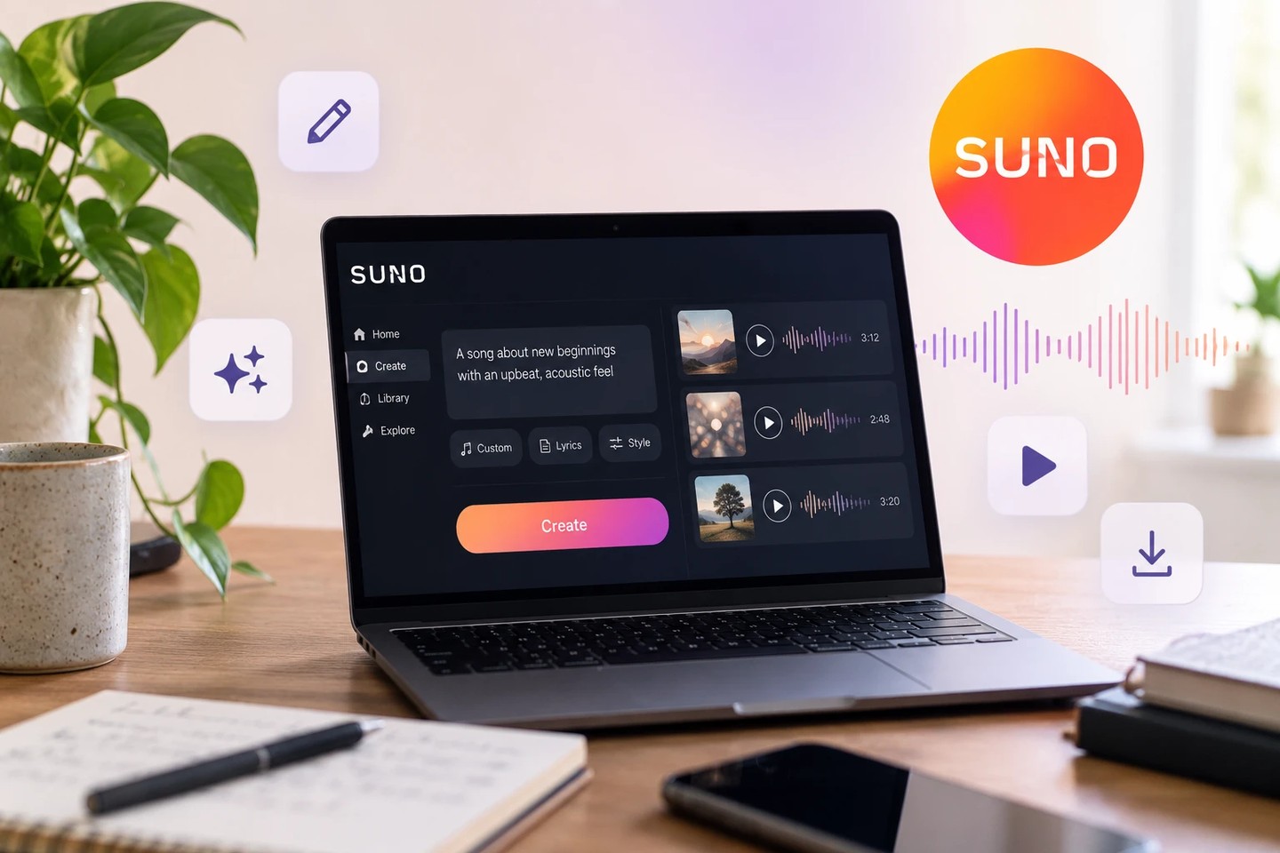 The Suno app open on a laptop, showing a text prompt and three generated tracks ready to play.