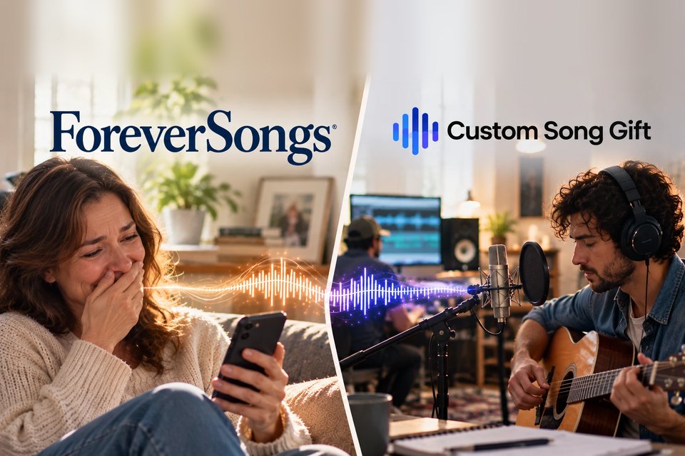 Split image: a woman moved to tears by her song on the ForeverSongs side, a musician recording with an acoustic guitar on the Custom Song Gift side.