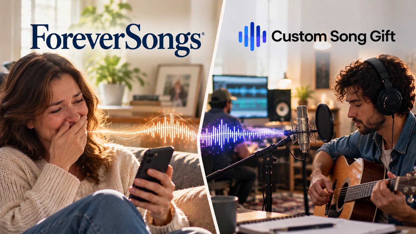 Split image: on the ForeverSongs side, a woman moved to tears as she listens to her song on her phone; on the Custom Song Gift side, a musician in headphones records with an acoustic guitar.