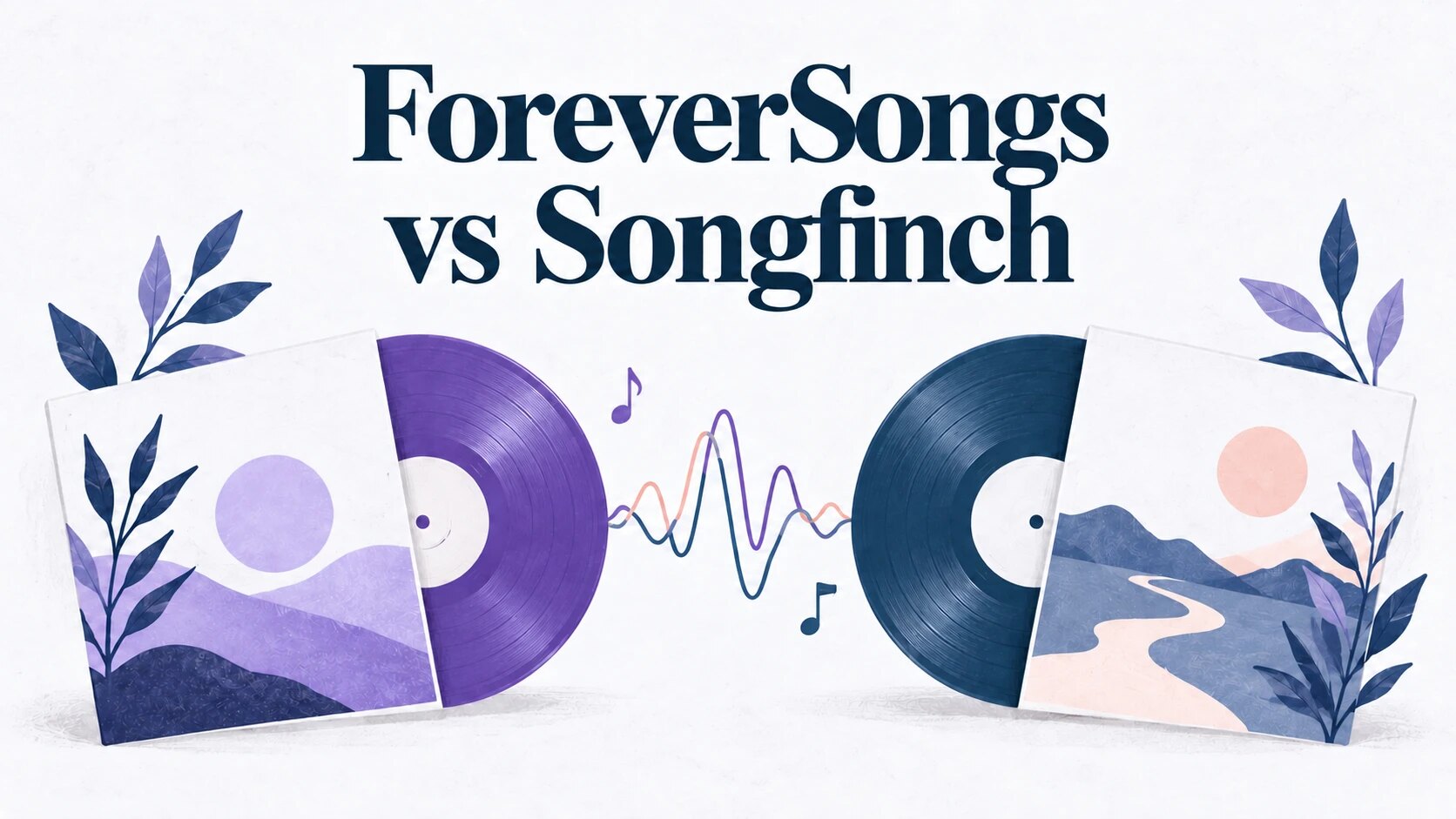 Two record sleeves facing each other, one purple for ForeverSongs and one navy for Songfinch, joined by a soundwave.