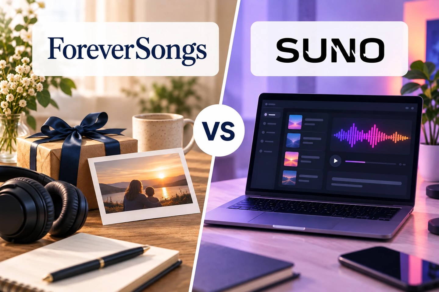 A split comparison image: a ForeverSongs gift box, headphones and a framed photo on one side, the Suno app open on a laptop on the other.